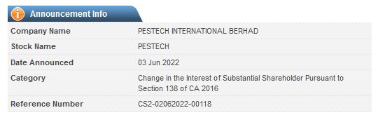 Announcement: Changes in Substantial Shareholder's Interest 03062022 - 03