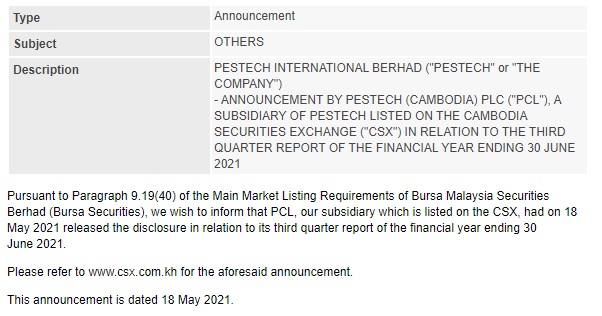 Announcement: PESTECH Cambodia 3RD Quarter Report 2021 180521 - 01