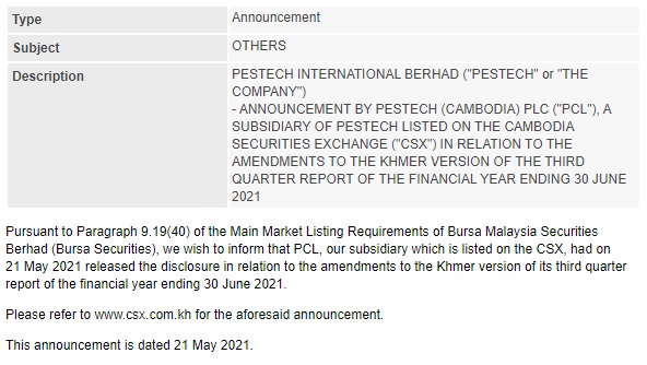 Announcement: PESTECH Cambodia PLC 210521 - 01