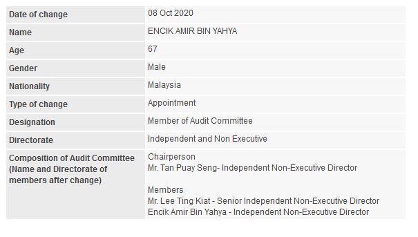 Announcement: Change in Audit Committee (Amir Yahya) - 01