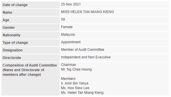 Announcement: Change in Audit Committee (Helen Tan) 251121 - 01