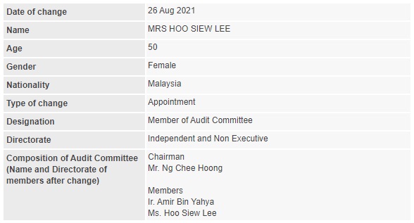 Announcement: Change in Audit Committee (Hoo Siew Lee) 260821 - 01
