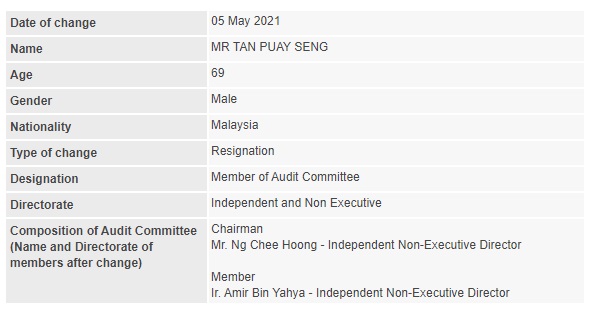 Announcement: Change in Audit Committee (Tan Puay Seng) 050521 - 01
