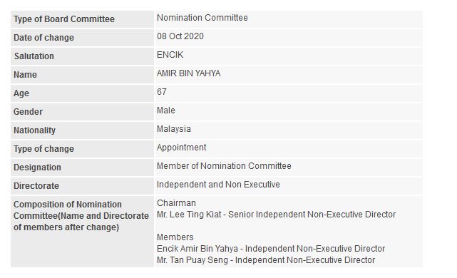 Announcement: Change in Nomination Committee (Amir Yahya) - 01