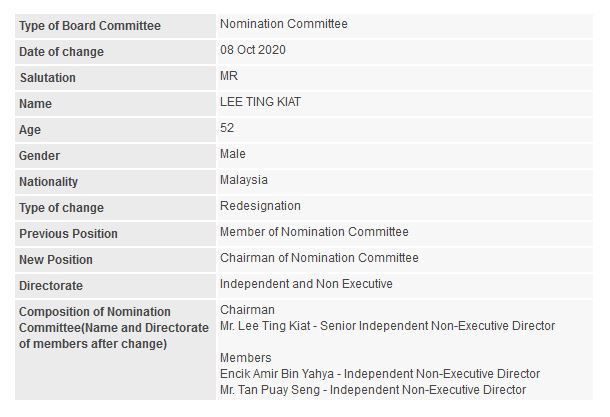 Announcement: Change in Nomination Committee (Lee Ting Kiat) - 01