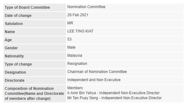 Announcement: Change in Nomination Committee (Lee Ting Kiat) 26022021 - 01