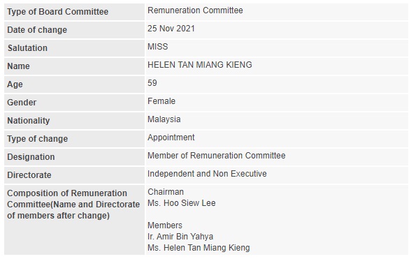 Announcement: Change in Remuneration Committee (Helen Tan) 251121 - 01