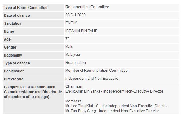 Announcement: Change in Remuneration Committee (Ibrahim Talib) - 01