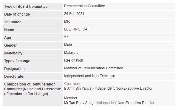 Announcement: Change in Remuneration Committee (Lee Ting Kiat) 26022021 - 01