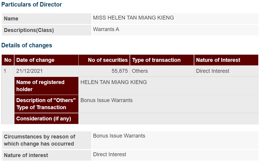 Announcement: Changes in Director's Interest Warrants A Helen Tan Miang Kieng 211221 - 01