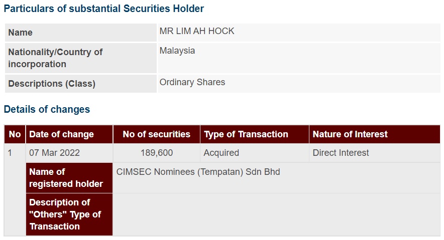 Announcement: Changes in Substantial Shareholder's Interest Lim Ah Hock 080322 - 01