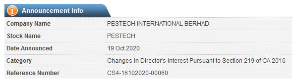 Announcement: Changes in Director's Interest 19102020  - 03