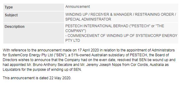 Announcement: Commencement of Winding Up of Systemcorp Energy - 01
