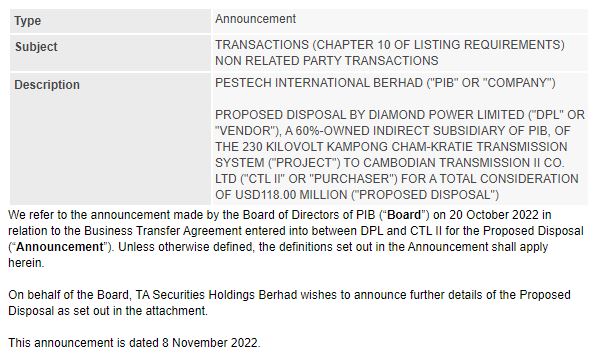 Announcement: Disposal of Kg Cham-Kratie Project 08112022 - 01