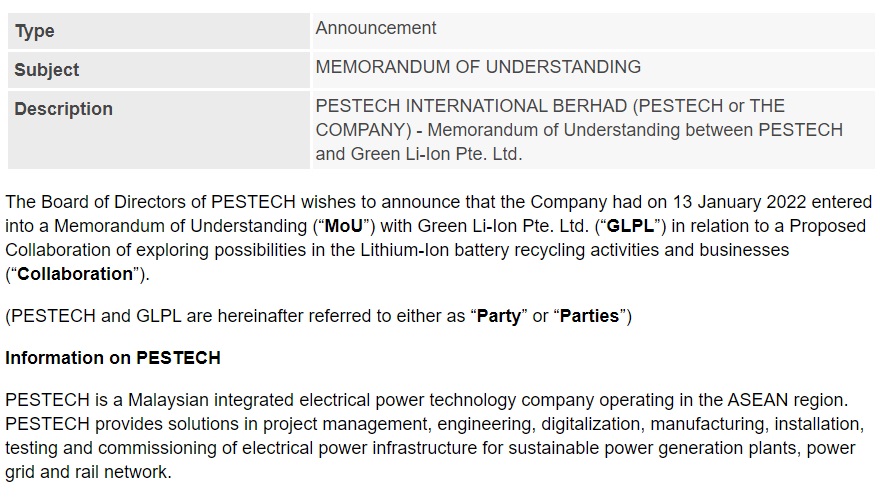 Announcement: MOU between PESTECH and Green Li-Ion Pte Ltd 130122 - 01