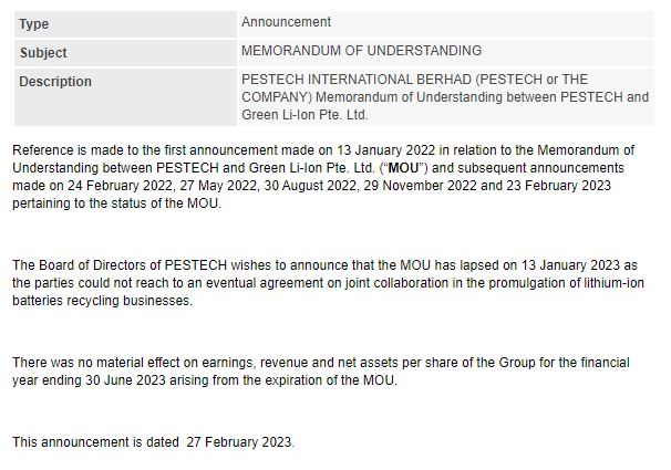Announcement: MOU with Green Li-Ion Pte Ltd 27022023 - 01