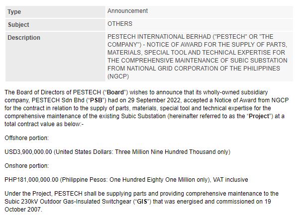 Announcement: Notice of Award Subic Substation NGCP 30092022 - 01
