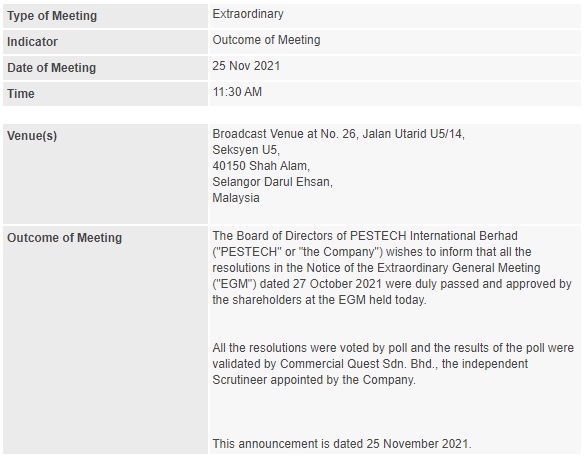 Announcement: Outcome of meeting EGM 251121 - 01