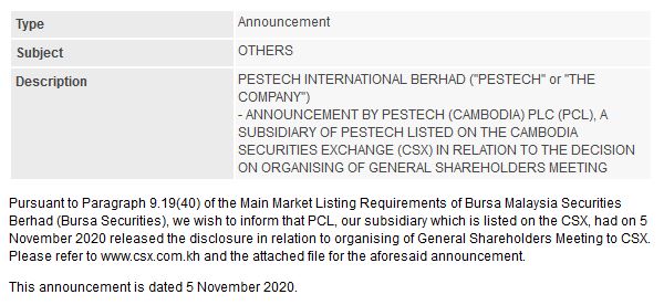 Announcement: PCL - Decision on organising of general shareholder meeting 05112020 - 01