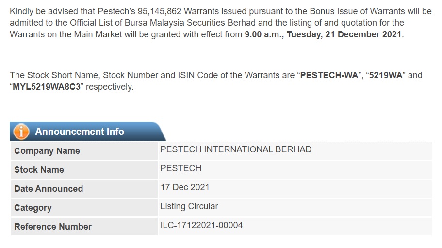 Announcement: PESTECH Bonus Issue of Warrants 171221