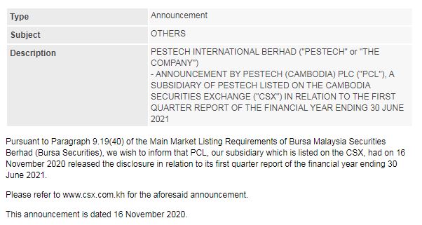 Announcement: PESTECH Cambodia 1st Quarter Report 2021 16112020 - 01