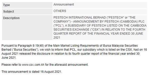 Announcement: PESTECH Cambodia 4th Quarter Report 2021 160821 - 01