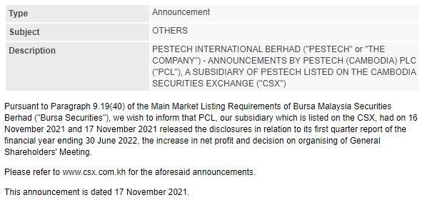 PESTECH: Announcement PESTECH Cambodia Increase Net Profit and Decision on Organising of General Shareholders' Meeting 171121 - 01