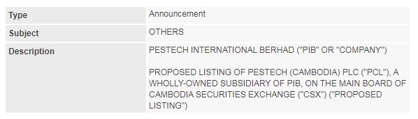 PESTECH (Cambodia) Listed in CSX-01