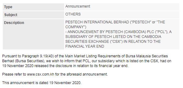 Announcement: PESTECH Cambodia Disclosure Financial Year End 25112020 - 01