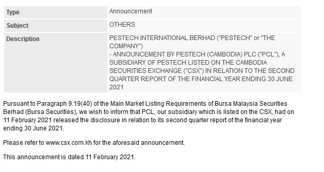 Announcement: PESTECH Cambodia 2nd Quarter Report 2021 11022021 - 01