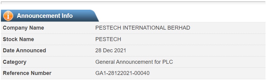 Announcement: PESTECH Cambodia PLC 281221 - 02