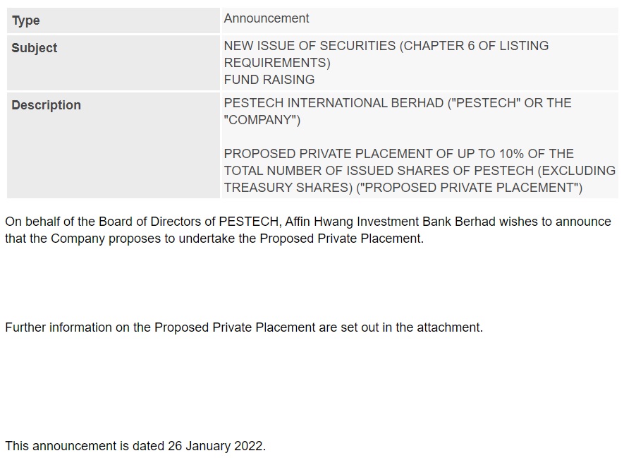 Announcement: PESTECH Proposed Private Placement 260122 - 01