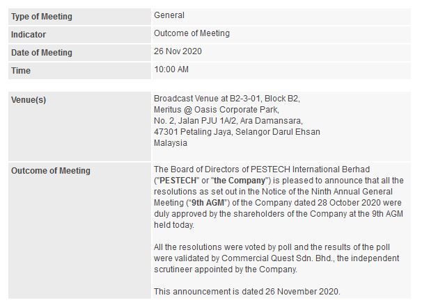 Announcement: Outcome of the AGM 26112020 - 01