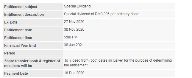 Announcement: Special Dividend 30102020 - 01
