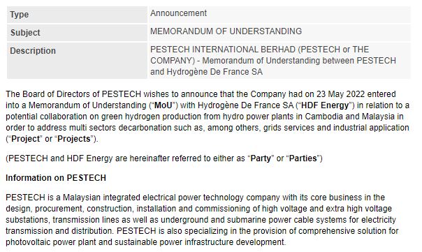 Announcement: MoU Between PESTECH & HDF Energy 24052022 - 01