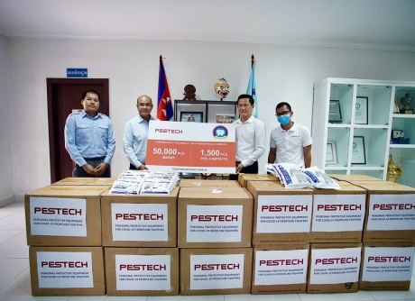 Donation of face masks and PPE suits to Union Youth Federation of Cambodia (UYFC). The donation was made at UYFC Office in Phnom Penh by Director of PESTECH (Cambodia) PLC., H.E. Dav Ansan to the President of UYFC, H.E. Hun Many. 