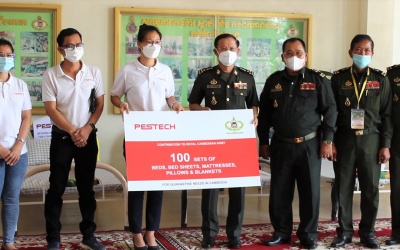 Employees of PESTECH presented bedding items to the Royal Cambodian Army